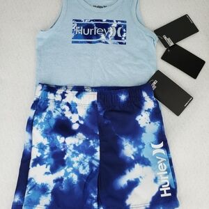 Hurley 2 Piece Set Boy Blue Graphic Muscle Shirt Blue Tie Dye Swim Trunk Sz 18